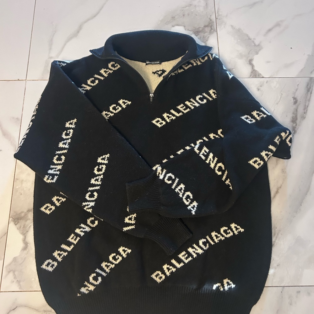 Balenciaga Black Knit Zip-Up Logo Sweater - Picture 4 of 10